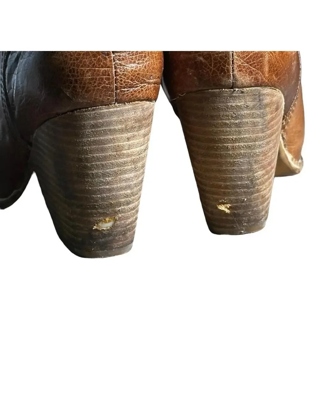 JEFFREY CAMPBELL • Ibiza Last Vinton Brown Leather Stack Heel Mules Booties 7.5